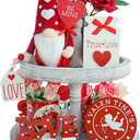 Valentines Day Tiered Tray Decor - 7 Pcs Gnomes Plush, Wood Signs, Wooden Beads Garland, Farmhouse Tiered Tray Decor Valentines Day Gift Idea