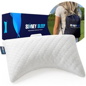 Sidney Sleep Mini Travel Size Neck Pillow - Knee, Back Lumbar and Support - Small Curved Pillow - 14 x 19 Inches - Adjustable Loft - Washable - Drawstring Backpack Included (White)