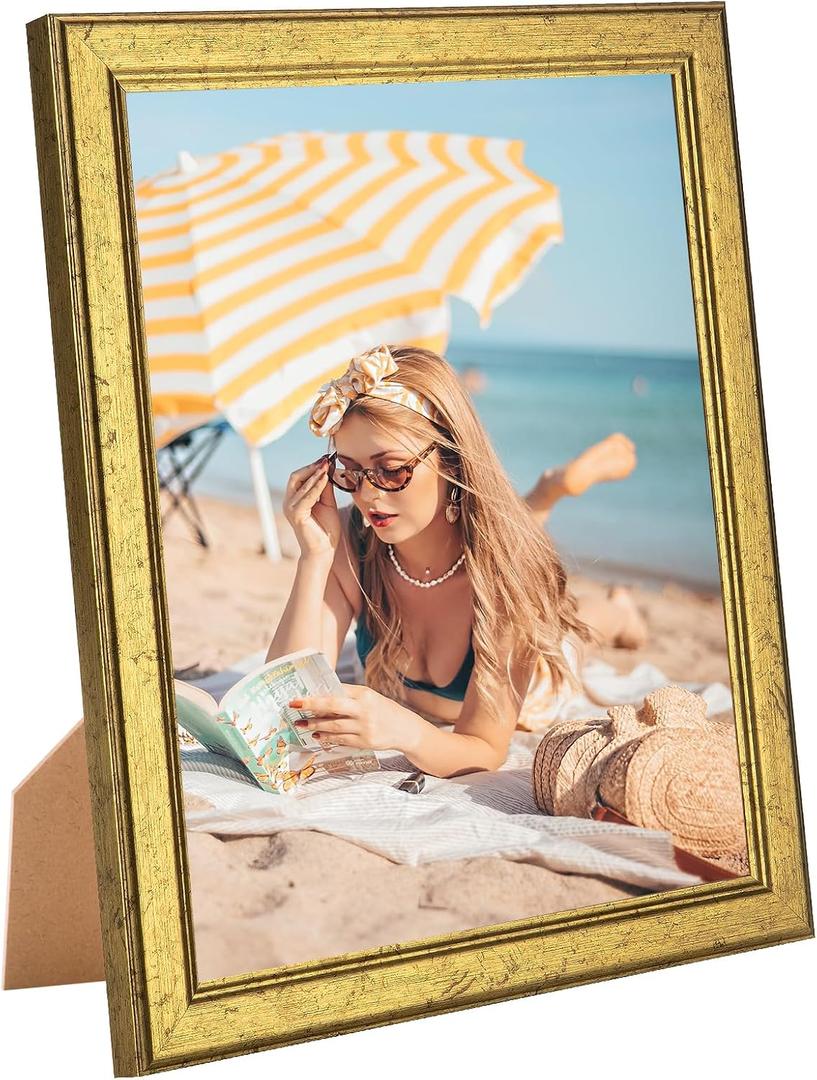 Wood 10x11 Frame Gold, Ornate Natural Wooden 11x10in Picture Frames, Modern Golden 10 x 11inch Gallery Photo Pic Frame with HD Plexiglass, Horizontal Vertical Wall Mounting Tabletop Display 1Pcs