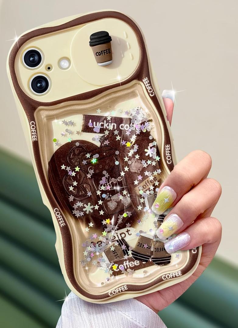 Toycamp for iPhone 16 Plus Case 6.1 Inch - Women Girls Cute Coffee with Sliding Camera Cover Girly Glitter Teens Cartoon Teens Design Flowing Liquid Quicksand Cover for iPhone 16 Plus Phone Case
