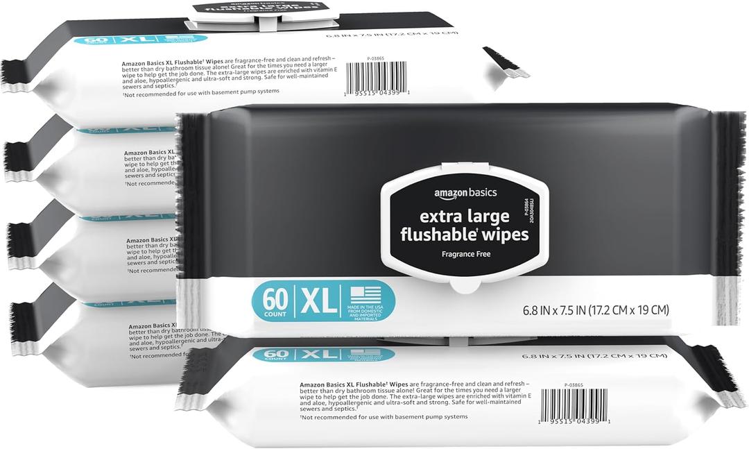 Amazon Basics Extra Large Flushable Wipes, Fragrance Free, pH Balanced, with Vitamin E & Aloe, Hypoallergenic, 360 Wipes, 6 Packs of 60, Resealable Closure
