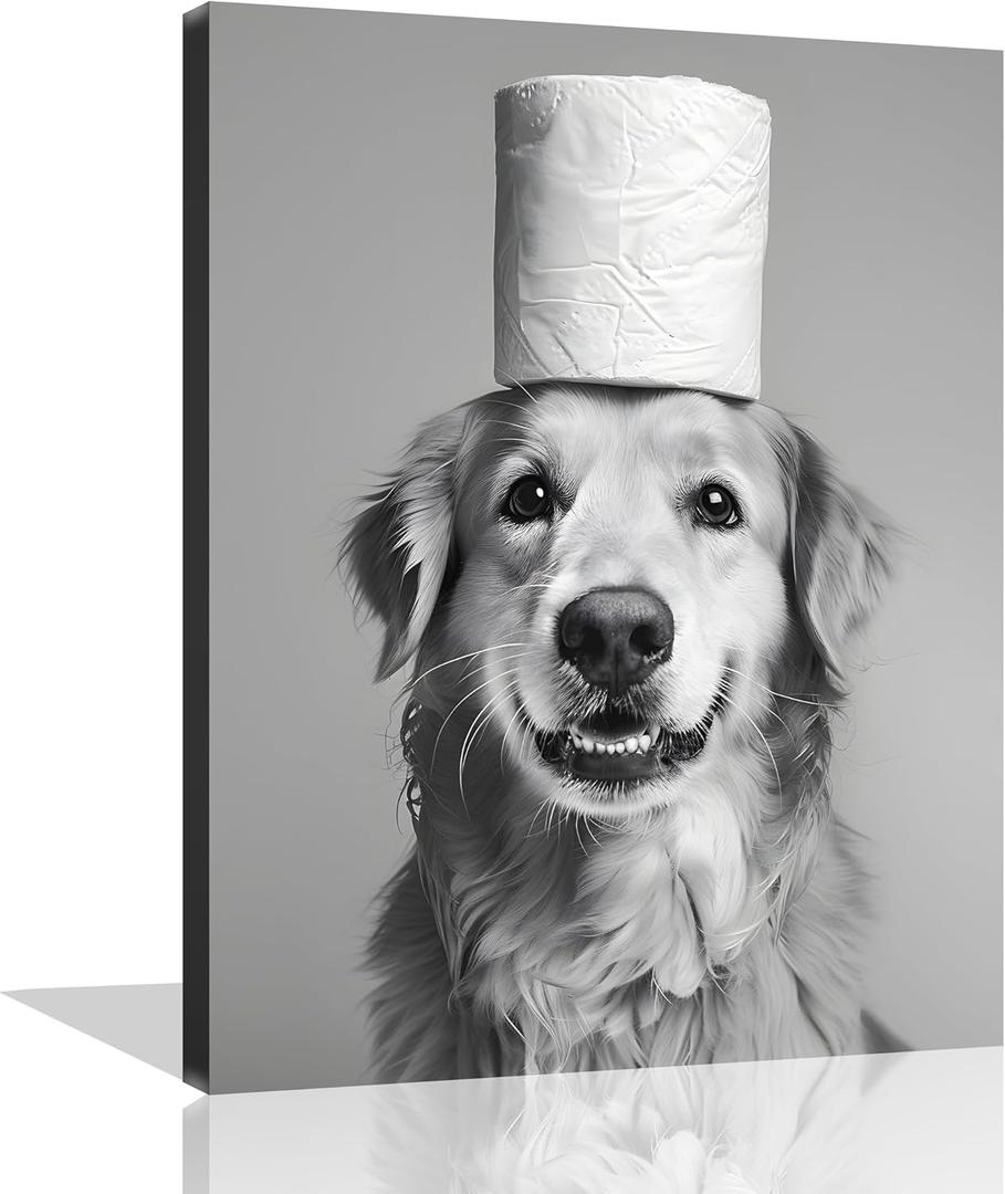 Dog Bathroom Wall Art Dog Toilet Painting Black and White Animal Bathroom Canvas Wall Art Funny Pet Animal Toilet Paper Poster Pictures for Bath Restroom Wall Framed 8X10 inch