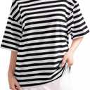Women Oversized Striped T Shirts Color Block Crew Neck Tee Shirt Short Sleeve Basic Summer Tops (Black, M)