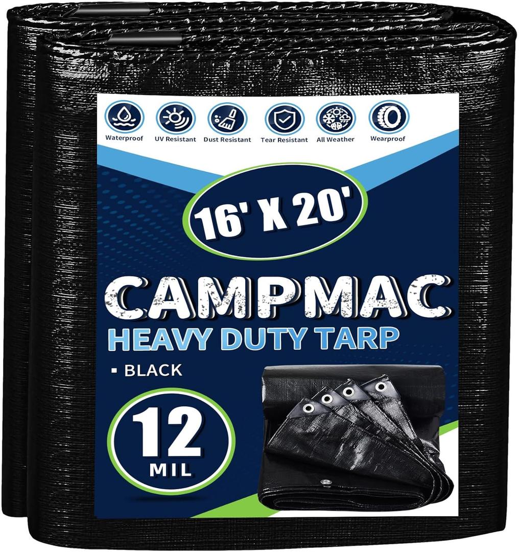 Black Tarps Heavy Duty Waterproof 16x20, 12 Mil Thick, High Durability, Rip and Tear Resistant with Metal Grommets Every 20 Inches