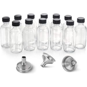 12 Pack, 2 oz Small Clear Glass Bottles w/Lid & 3 Funnels - 60ml Boston Shot Bottles for Health, Immunity, Potion, Wellness, Sample, Ginger, Juice - Mini Personal Care & Beauty Travel Bottle