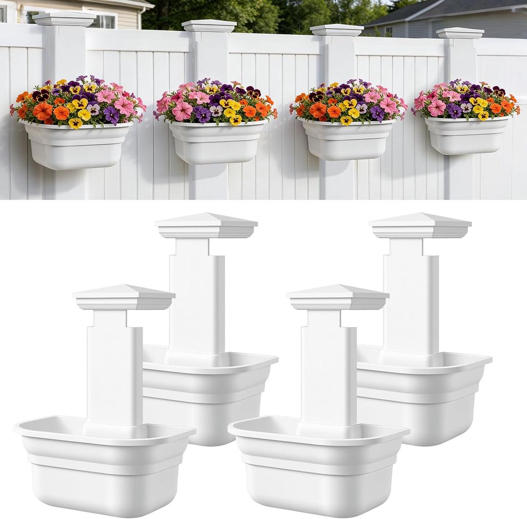 Hanging Planters for Outdoor Plants - Fence Hanging Planters for PVC Fence, Plant Hangers Hanging Plant Flower Pots White with Post Caps for Garden Yard Decor, Easy Install - 4 Pack