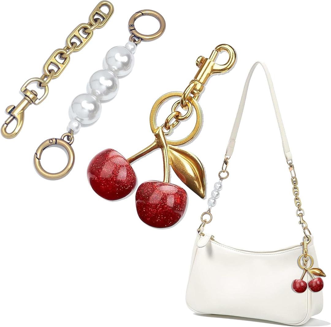 3PCS Vintage Pearl Bag Extender Chain Purse Strap Extenders Sweet Cherry Bag Charm Keychain Purse Handbags