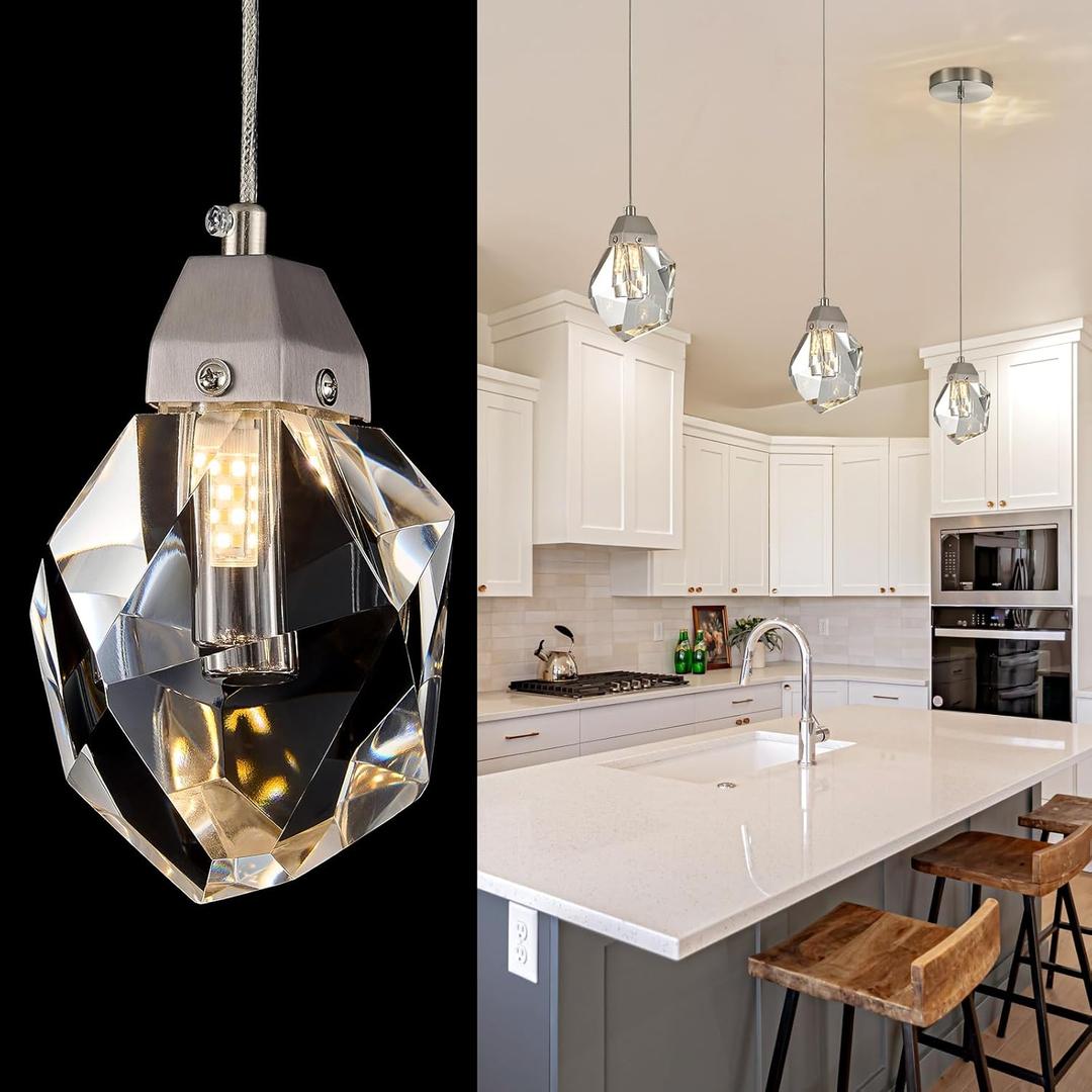 Crystal Pendant Light, 1-Light Mini Diamond Prism Hanging Ceiling Light with Brushed Nickel Finish, Color Changing LED Small Chandelier for Kitchen Island, Dining Room, Bedroom, Hallway, Bar