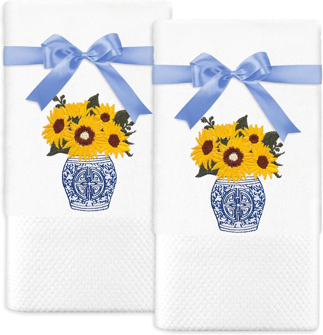 JarThenaAMCS 2Pcs Floral Chinoiserie Hand Towels Cotton Embroidered Sunflower Bathroom Towels Spring Summer Absorbent Dish Towel for Hand Drying Cleaning Cooking, 29.5 x 13.7 Inch