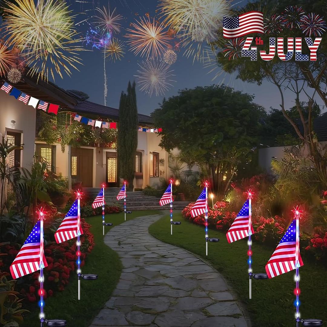 4th of July Decorations Outdoor Solar Lights, 8 Pack Red White and Blue Star Lights for National Day with American Flag, 2 Modes Waterproof Solar Patriotic Light for Independence Memory Day Yard Path