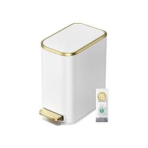 Cesun Small Bathroom Trash Can with Lid Soft Close, 5 Liter/1.3 Gallon Stainless Steel Garbage Can with Removable Inner Bucket, Step Pedal, Slim Waste Basket for Toilet, Office, Bedroom (White&Gold)