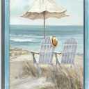 Abstract Beach Framed Wall Art - Coastal Chair Picture Modern Ocean Painting Prints Calming Seascape Wooden Artwork Decor for Bedroom, 24"L x 16"W
