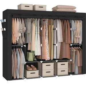 83“ Portable Closet Wardrobe, 7 Hanging Rods 10 Shelves & Cover, Black, 83"W x 18"D x 66"H