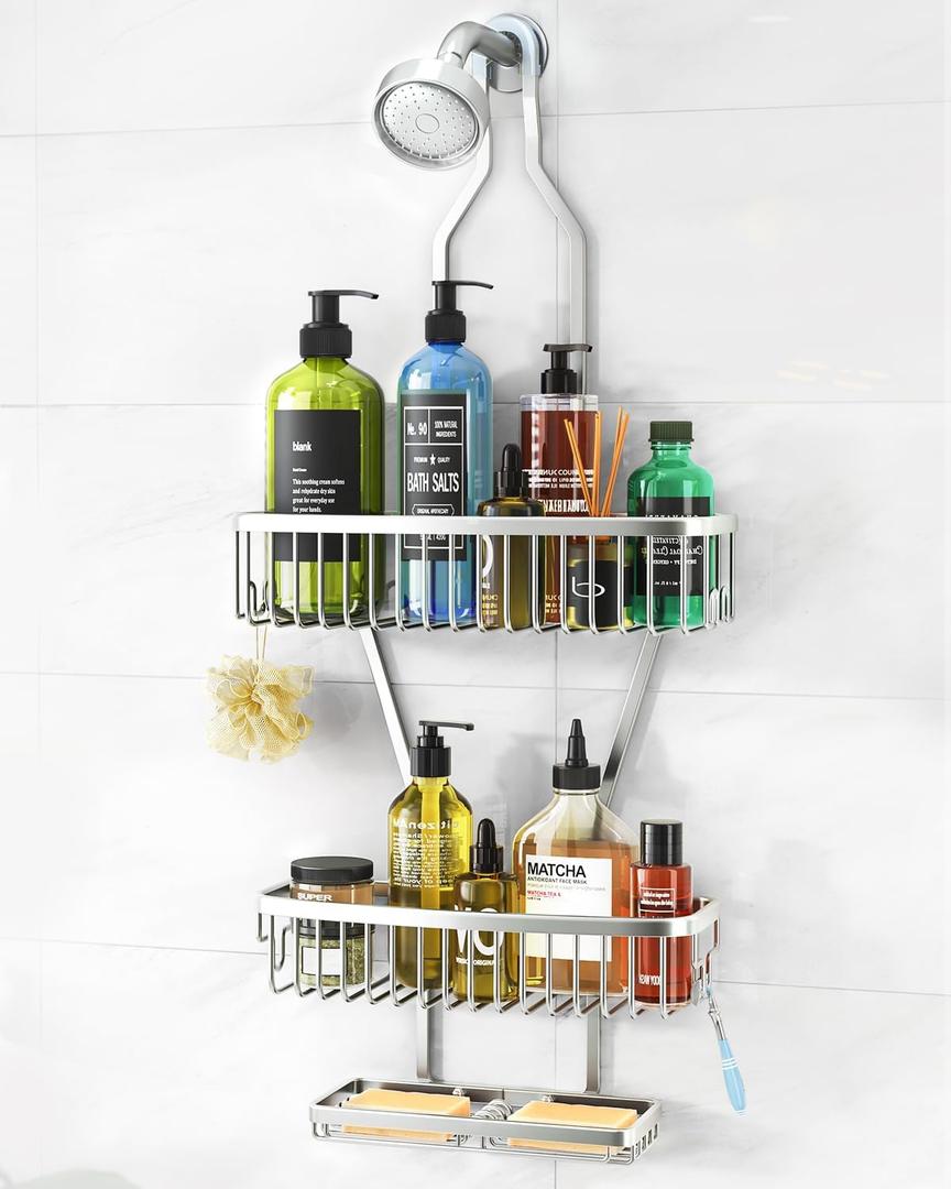 Shower Caddy Hanging Bathroom Organizer: Over Head Long Rack for Tall Showerhead - Extra Large Shelf for Big Shampoo Bottles with Soap Holder (Silver)