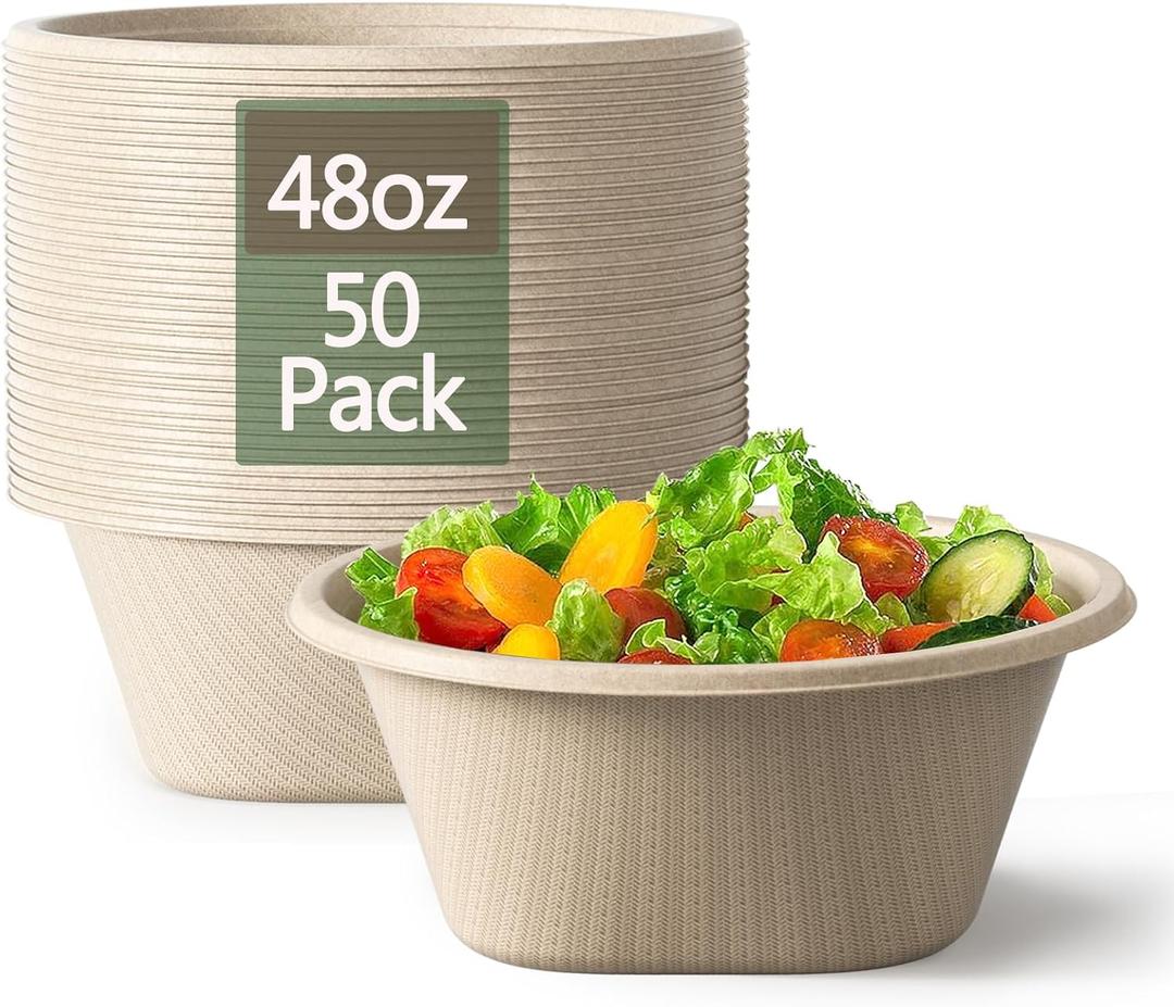 Homestockplus 48 Oz Disposable Bowls - Heavy Duty and Compostable Bowl - Made from Sugarcane and Bamboo Fibers, Microwave Safe - Large Paper Bowl for Soup, Salad, Ramen, Popcorn, Etc. [50 Pack]