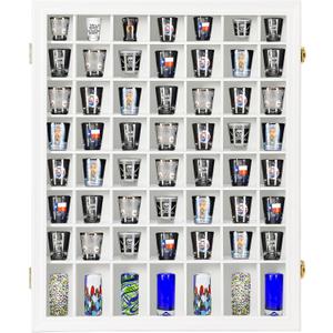 Shot Glass Display Case Wooden Cabinet Rack Holder Wall Mounted 56 Slots White Shadow Box Lockable with UV Protection Acrylic Glass Door Shot Glass Storage Display with Removable Shelves, 23.3"x18.74"