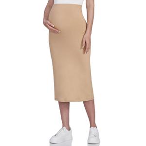POSHDIVAH Women's Maternity Skirt Over The Belly Midi High Waisted Solid Stretchy Pregnancy Pencil Skirt, Size S, Beige