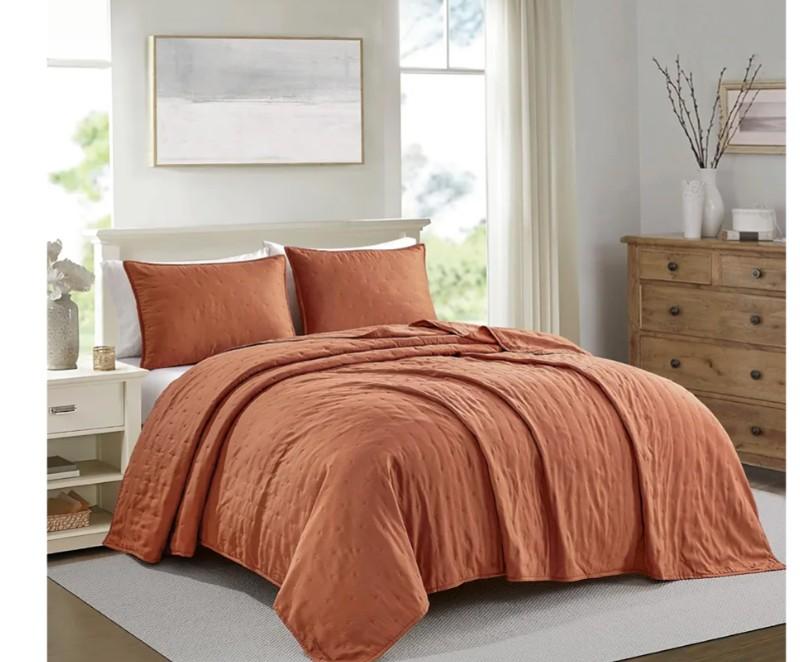 BOURINA Ultrasonic Quilt Set 3-Piece Full/Queen Bedding Set Pre-Washed Microfiber Ultra Soft Lightweight Star Bedspread Coverlet Set for All Season, Orange