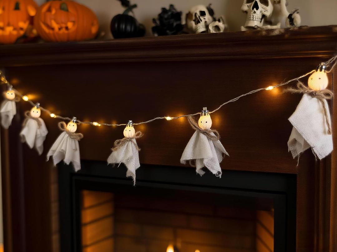2 x Light Up Ghost Garland Halloween Decoration- Handmade LED Ghost String Light with Timer- Cute Ghosts Banner for Halloween Party Fireplace Mantle Wall Windows Decor (5.5Feet-Length)