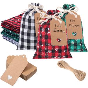 Shappy 24 Pcs Christmas Drawstring Bags Xmas Buffalo Plaid Burlap Candy Bags Linen Treat Bags with 32.8 ft Rope 24 Card(7 x 5 Inches,Assorted Color) (7 x 5 inches, Assorted Color)