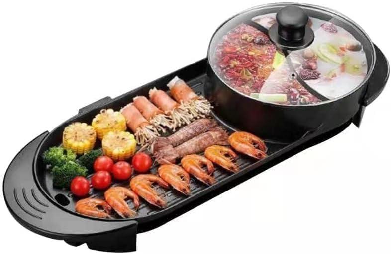27 Hot pot with Grill,Electric BBQ Grill 2200W Non-Stick Korean Barbecue Grill for 2-12 People,Independent Dual Temperature Control(110V) (Black)