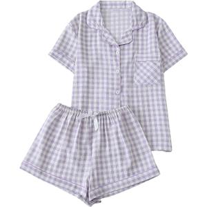 Verdusa Women's Plaid 2 Piece Cute Pajama Sets Short Sleeve Button Down Shirts with Shorts Loungewear (Purple, S)
