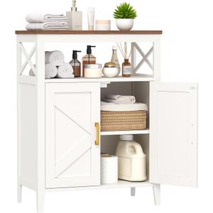 Bathroom Storage Cabinet with Doors, Adjustable Shelf, Wood Top