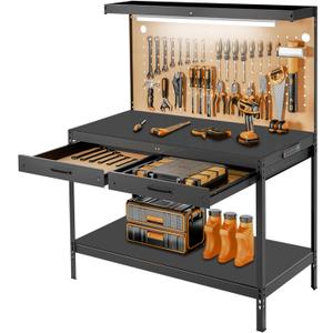 Work Benches for Garage, Heavy Duty Workbench with Drawers, Lights, Pegboard & 12 Hooks, 600LBS Capacity, Suitable for Tool Organizers and Storage, for Garage, Workshop, Basement, Garden & Shop (Dark Black)