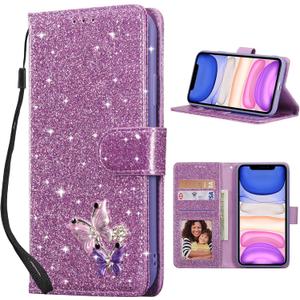 UEEBAI Wallet Case for iPhone 11, Glitter PU Leather Phone Cover Card Slots Kickstand Wallet Magnetic Closure Bling Flip Case Shockproof Hand Strap Flip Cover - Glitter Purple