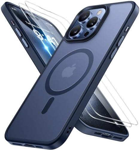 Miracase Magnetic for iPhone 15 Pro Max Case 6.7 inch (Compatible with MagSafe)（with 2X Screen Protectors） Military-Grade Protection, Anti-Fingerprint Translucent Matte Phone Cover, Dark Blue