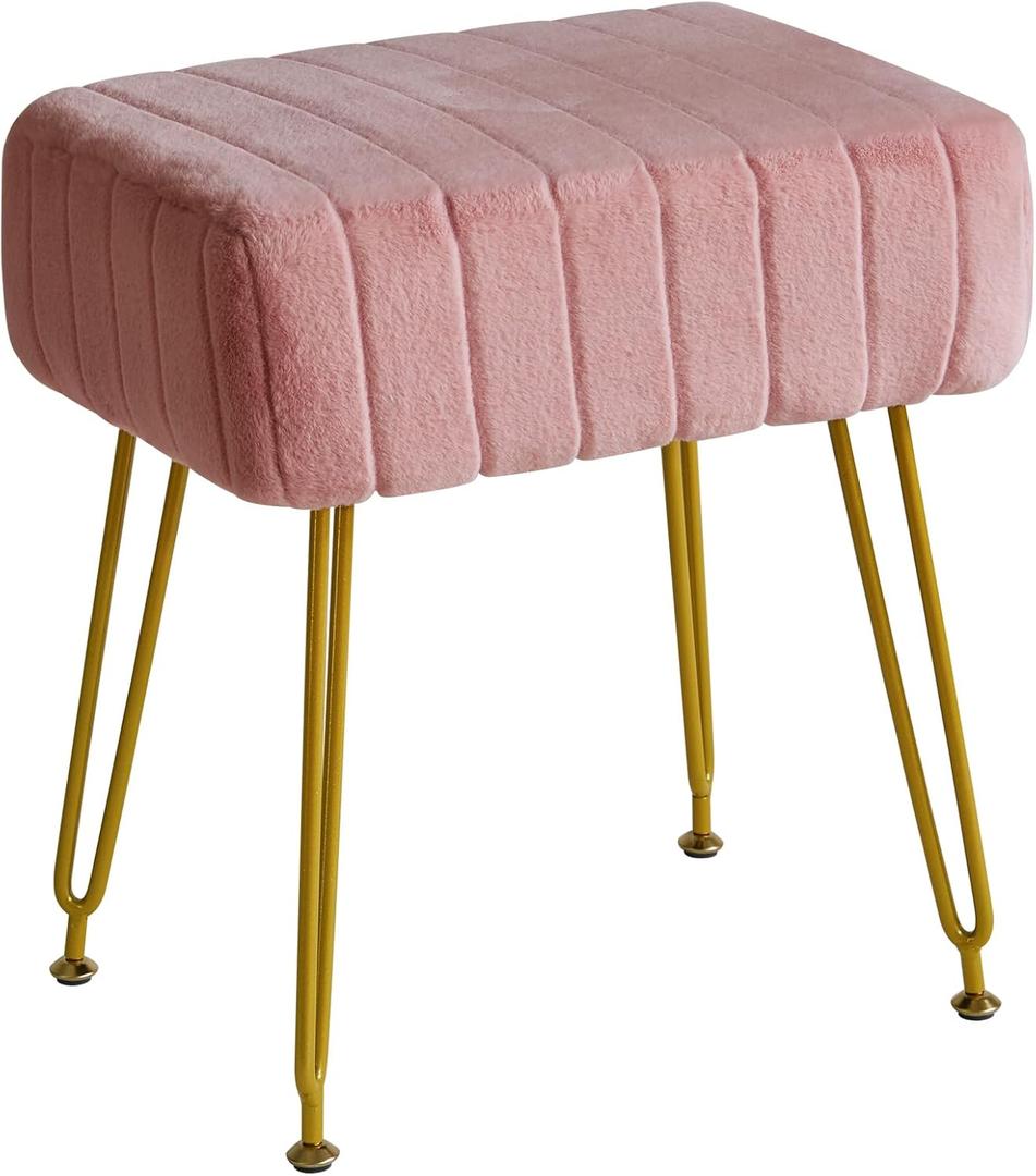 IBUYKE Velvet Rectangular Footrest Ottoman, Makeup Vanity Stool Side Table, Velvet Dressing Table Seat, Pouf Couch Stool, Golden Steel Legs, Pink LG-51P (Without Storage)
