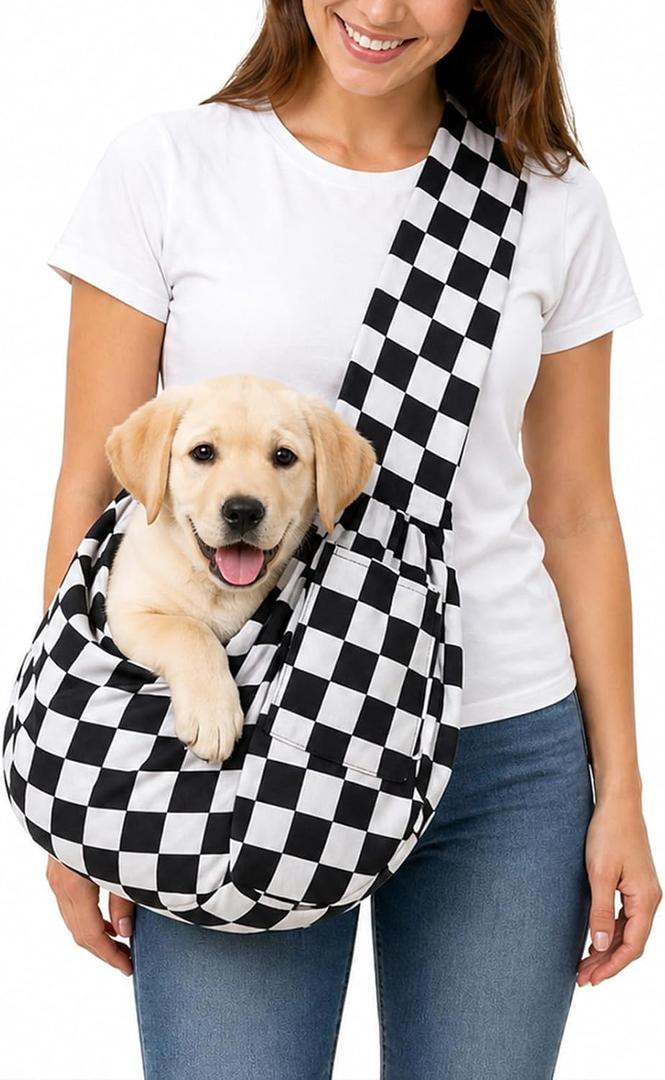 Dog Sling Carrier for Small Dogs and Cats 516 lbs, Puppy Cat Carrier Sling with Safety Hook and Storage Pocket, Hands Free Pet Carrier Purse for Travel, Walking, Shopping (Ebony Check)
