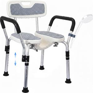 U-Shaped Shower Chair with Detachable Arms & Backrest, Tool-Free Seat for Seniors Disabled Pregnant, Adjustable Height, Shower Head Holder Included, Full Hardware, Non-Slip Feet, Holds 330 Lbs