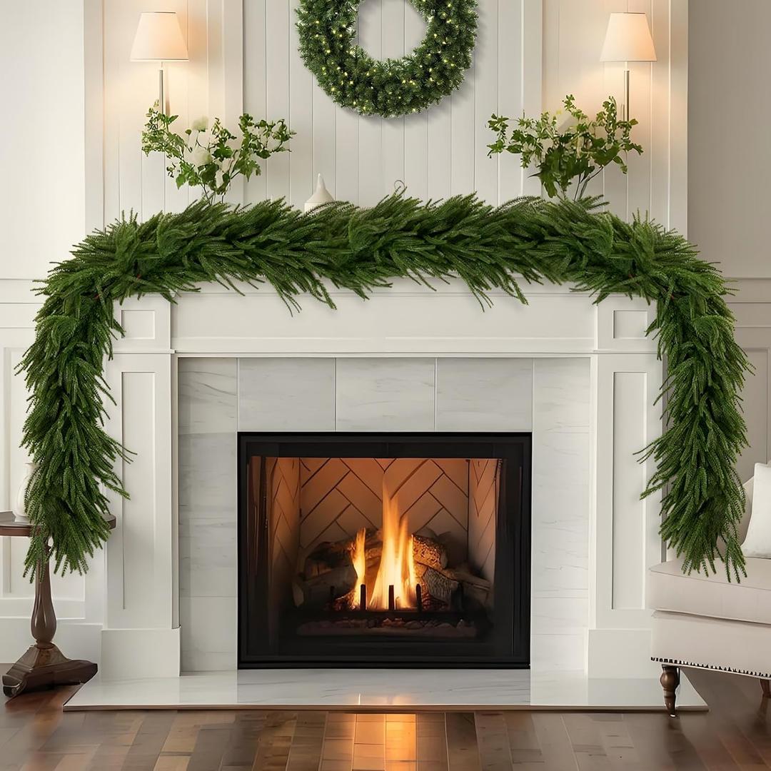 10 Ft Extra Full Christmas Garland, Real Touch Norfolk Pine Garland, Artificial Dense Pine Greenery Garlands for Fireplace, Mantle, Table, Indoor, Outdoor Christmas Decorations, Gift