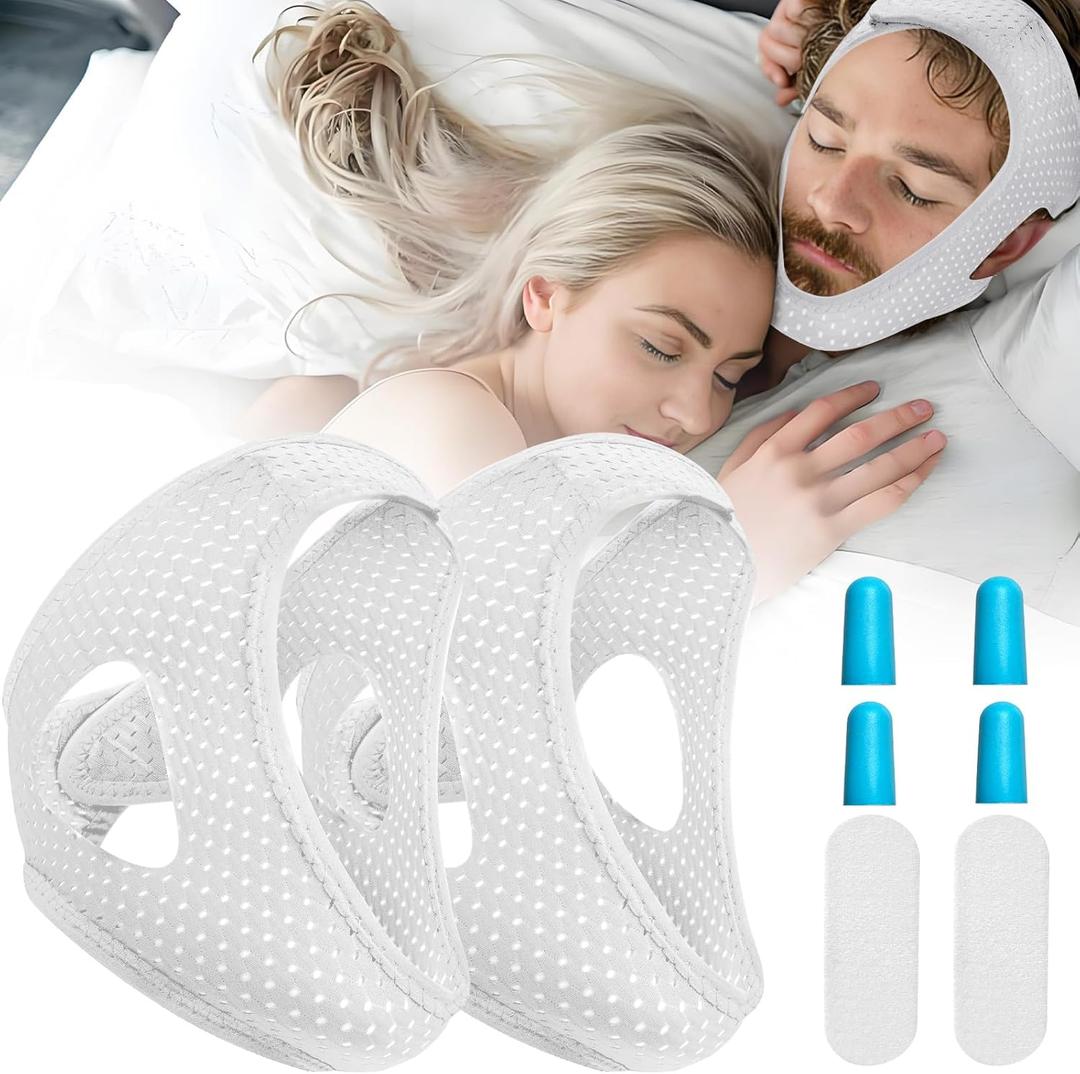Chin Strap for Sleeping User, Anti Snore Chin Strap to Keep Mouth Closed, Airflow Jaw Strap for Sleep Anti Snoring Chin Straps for Men Women Stop Snoring Strap with Earplugs (2pack) (White)