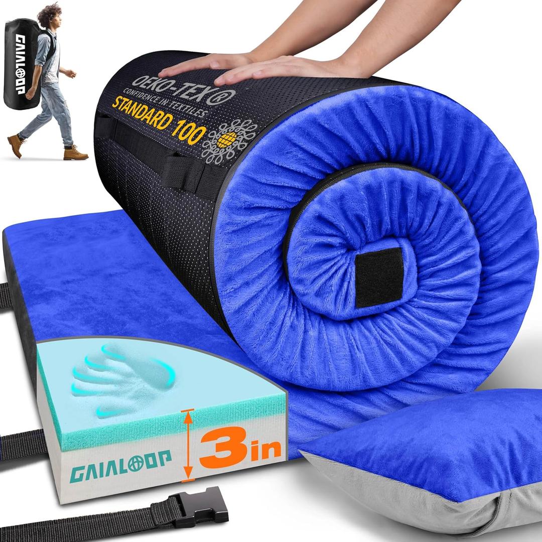 GAIALOOP 3 Inch Memory Foam Camping Mattress, Dual Layer Thick Sleeping Camp Pad for Car Tent Cot, Roll-Up Portable Glamping Floor Bed for Guests Sleepover, Twin: 75*38*3"