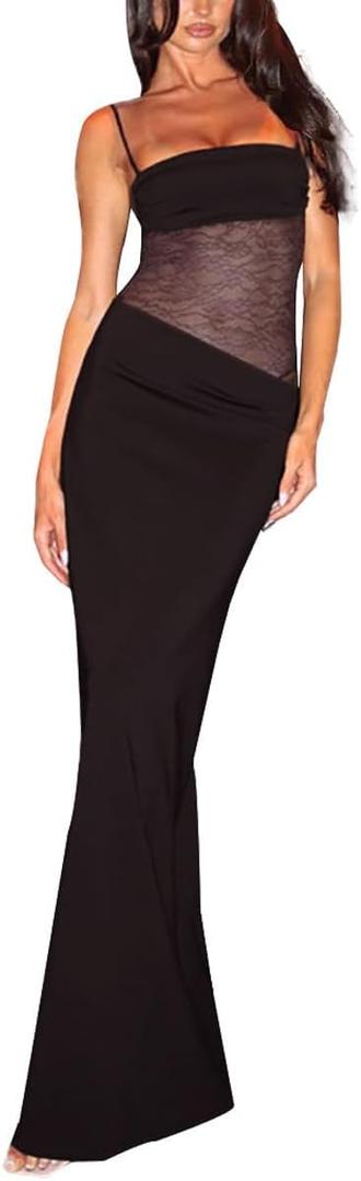 GRMLRPT Women Sexy Lace Patchwork Maxi Dress Bodycon Y2K Long Dress Spaghetti Straps Hollow Out Summer Club Nightout Cocktail Dresses, Black, S