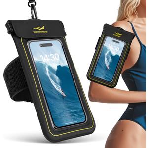 2-in-1 Waterproof Phone Pouch & Phone Armband Floating, Underwater Water Proof Phone Case with Detachable Strap, Waterproof Bags Up to 6.9", Beach Vacation Water Park Essentials (Black)