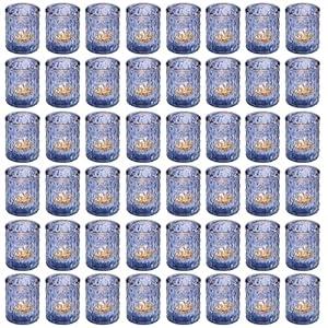 Maxdot 48 Pack Blue Glass Votive Candle Holders 2.1 x 2.6 Inch Valentine Tea Light Candleholder Bulk Xmas Glass Tealight Candlestick Holders for Table Centerpiece Home Wedding Valentine Party Decor