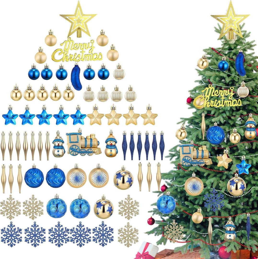 73 Pcs Blue Christmas Tree Ornaments Set Shatterproof Christmas Tree Decoration Star Topper Hanging Ball Snowflake Pickle Ornaments for Party Holiday