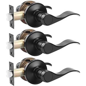 Probrico (3 Pack Passage Door Lever [Non-Locking Lever Set], Non-Locking Door Handle Set for Hallway or Closets, Keyless Black Finish Wave Door Lock, Reversible Right & Left Side Handed