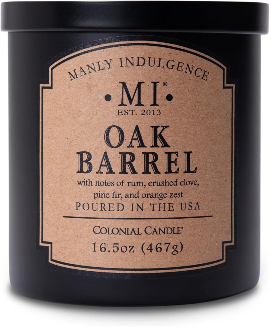Manly Indulgence Oak Barrel Scented Candles for Men, 16.5 oz Single Wick, Premium Soy Blend Wax, 60H Burn, Candles for Home Scented 