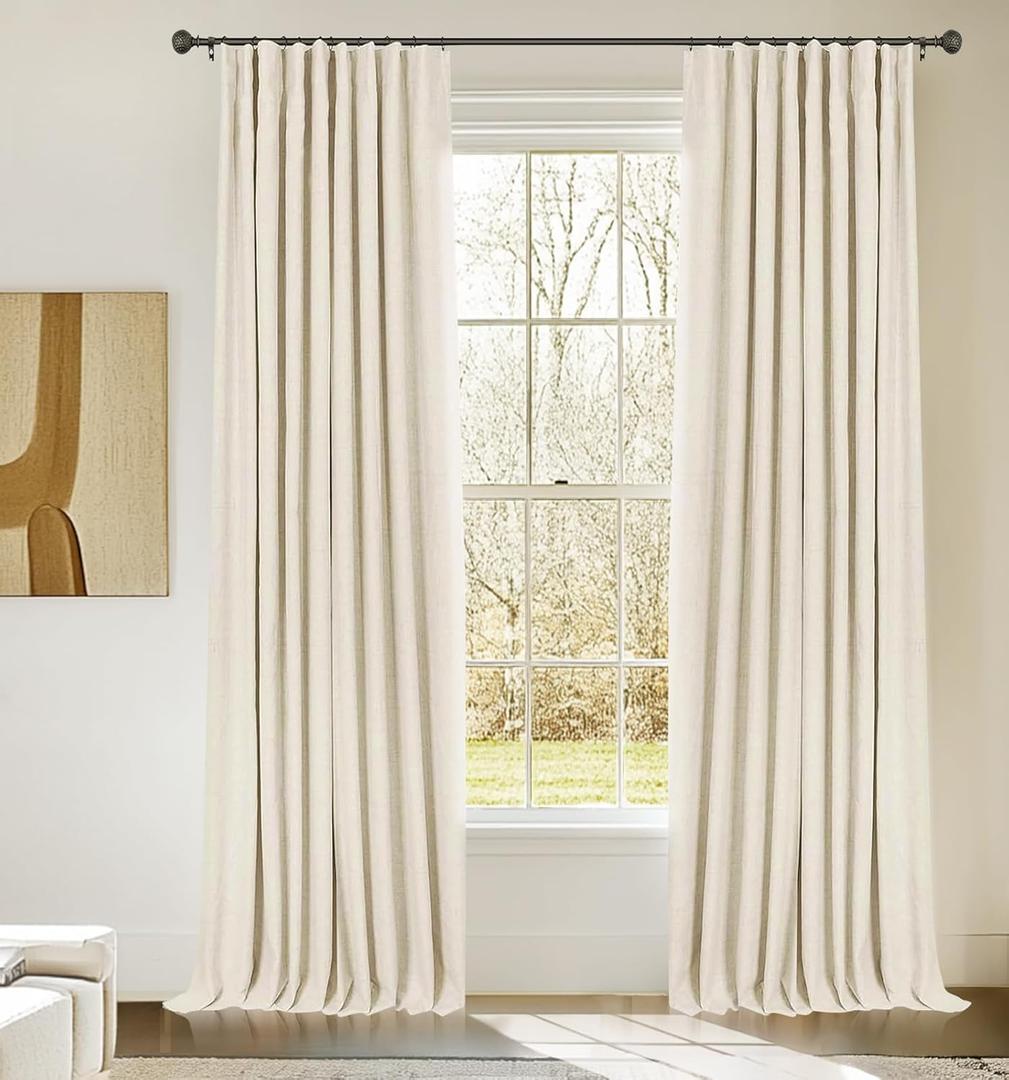 INOVADAY 100% Blackout Curtains for Bedroom, Black Out Curtains 63 Inch Long, Clip Rings Linen Blackout Drapes, Thermal Insulated Room Darkening for Living Room, 2 Panels - Cream,W50xL63