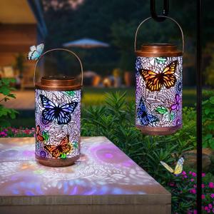2Pack Solar Outdoor Lanterns Waterproof Butterfly Garden Gifts for Women, Multicolor Solar Outside Lights Lantern for Yard, Backyard, Porch, Mothers Day Gifts for Mom Grandma Wife
