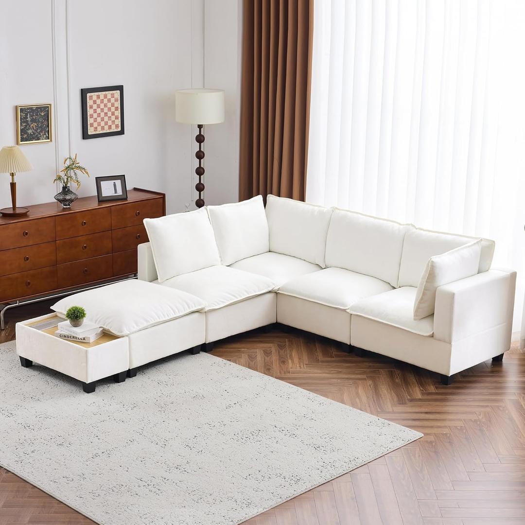Merax Modern 90" U-Shaped Chenille Sectional Sofa Set, Modular Sofa Couch with a Movable Ottoman, a Coffee Table with Hidden Charging Devices for Living Room, White