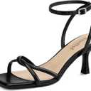 AIUNIIND Kitten Heels for Women, Square Open Toe Heeled Sandals, Strappy Ankle Strap Shoes for Dress, Party, Low Heel, Black, Size 8.5