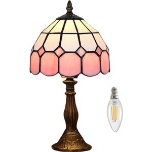 Table Lamp Tiffany-Style 8 Inch Mediterranean Series Stained Glass Lampshades Small Bedside Lamp Reading Antique Desk Light Livingroom Bedroom Office Vintage Art De(Color:Pink)