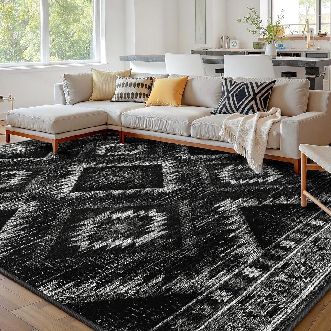Area Rug 9x12 Rug Machine Washable Non-Slip Low Pile Print Pattern Western Rug for Living Room Bedroom Entryway Tribal Series - Black