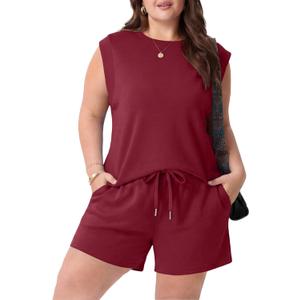 OLRIK Womens Plus Size Summer Sets Top and Shorts 2 Piece Sets with Pockets Casual Beach Vacation Outfits (Red, XXXL)