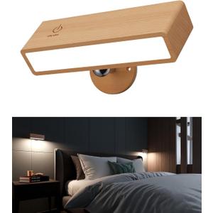 YiLaie Battery Operated Wall Sconce with Remote,Wall Sconces Set of 1,Wall Lights for Bedroom Wireless, Rotatable Cordless Wall Lamp with 3 Color Temperature for Bedroom,Living Room,Bedside Reading, Beechwood